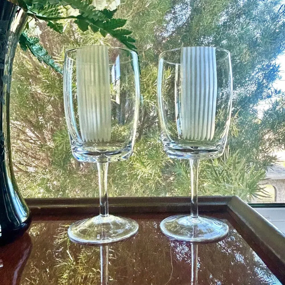 Pair of Vintage Stemmed Water Goblets with Vertical Frosted Stripes – 8” Tall
